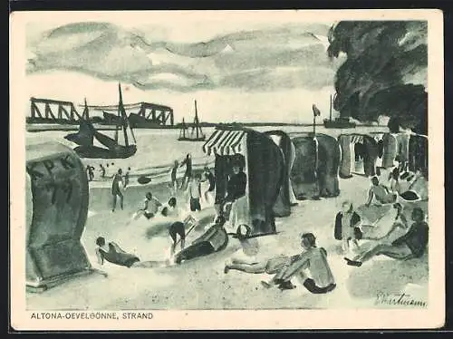 Künstler-AK Hamburg-Altona, Badegäste und Strandkörbe am Strand