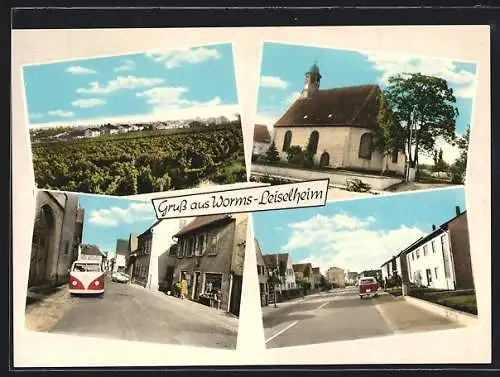 AK Worms-Leiselheim, Strassenpartie mit Geschäft und VW-Bus, Kirche, Wohnhäuser