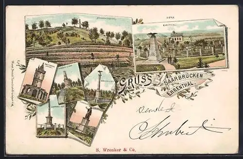 Lithographie Saarbrücken-Ehrenthal, Winterberg Denkmal, Germania Denkmal, Feldpartie mit Blick zum Spichererberg