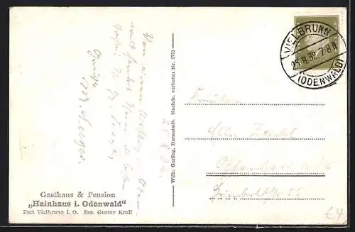 AK Vielbrunn i. O., Gasthaus und Pension Hainhaus im Odenwald, Bes. Gustav Kroll