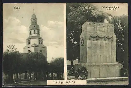 AK Lang-Göns, Kirche und Kriegerdenkmal 1914-1918