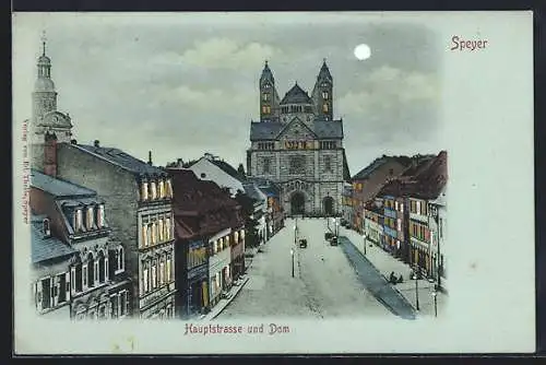 Mondschein-AK Speyer, Hauptstrasse und Dom bei Nacht