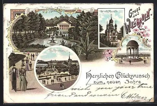 Lithographie Wiesbaden, Griech. Kapelle, Kurpark mit Kurhaus, Nerotempel, Kochbrunnen