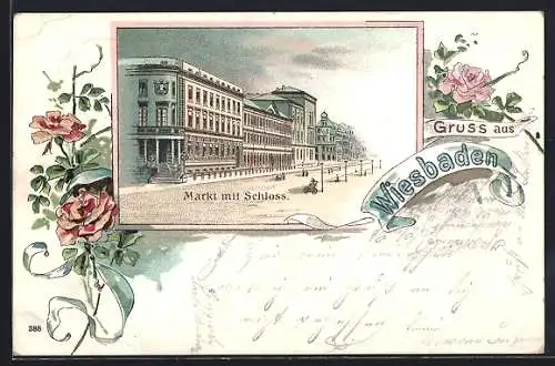 Lithographie Wiesbaden, Markt mit Schloss und Rahmen mit Rose