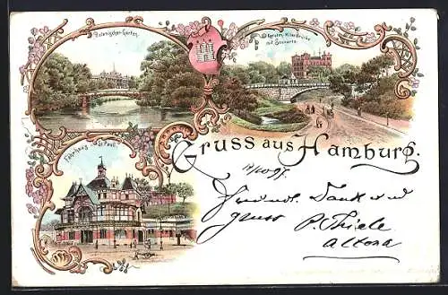 Lithographie Hamburg-St. Pauli, Botanischer Garten, Karsten-Miles Brücke, am Fährhaus