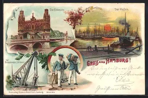 Lithographie Hamburg-Rothenburgsort, Elbe mit Elbbrücke, Hafen im Dämmerungslicht, Riesenkrahn