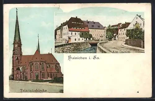 AK Hainichen i. Sa., Trinitatskirche und Partie am Damm