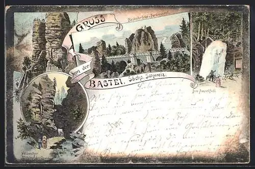 Lithographie Bastei / Sächs. Schweiz, Basteifelsen, Basteibrücke v. Ferdinandst., Der Amselfall