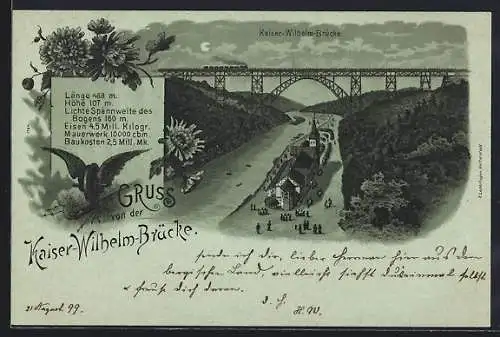 Mondschein-Lithographie Kaiser-Wilhelm-Brücke, Besucher der Brücke und Rahmen mit baulichen Eckdaten