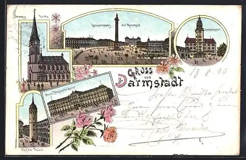 Lithographie Darmstadt, Neues Polytechnikum, Weisser Turm, Johannis-Kirche