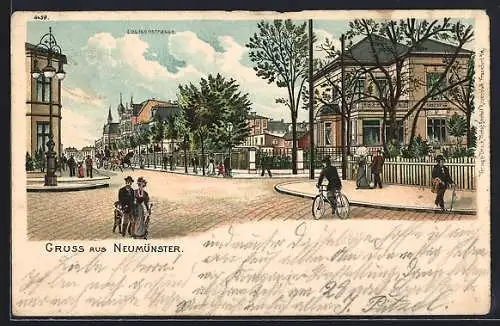 Lithographie Neumünster, Flaneure und Radfahrer in der Louisenstrasse