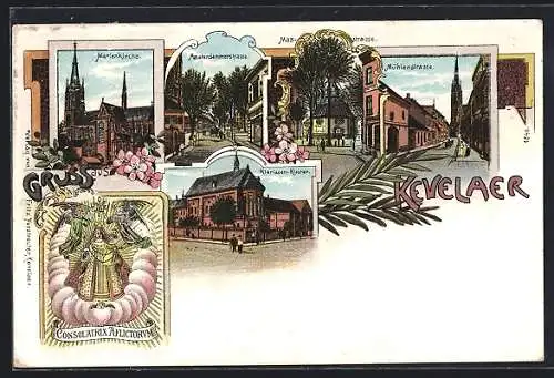 Lithographie Kevelaer, Klarissen-Kloster, Marienkirche, Mühlenstrasse