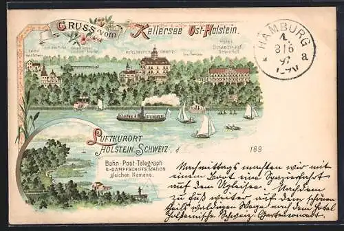 Lithographie Malente-Gremsmühlen, Hotel Schweizer Hof und Hotel Holstein. Schweiz am Kellersee