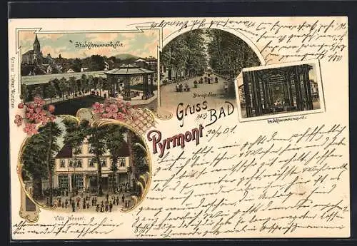 Lithographie Bad Pyrmont, Villa Wessel, Hauptallee, Stahlbrunnenhalle