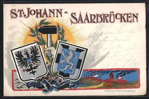 AK St. Johann-Saarbrücken, Fabrikgebäude, Reichswappen und Stadtwappen