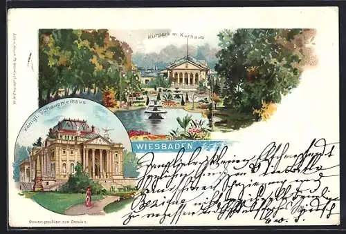 Lithographie Wiesbaden, Kgl. Schauspielhaus, Kurpark mit Kurhaus