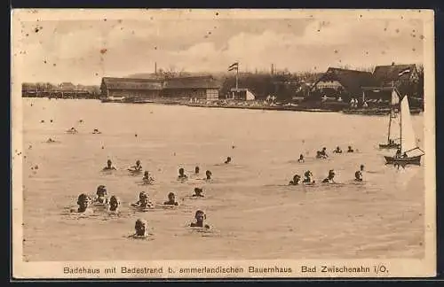 AK Bad Zwischenahn i. O., Badehaus mit Badestrand b. ammerlandischen Bauernhaus