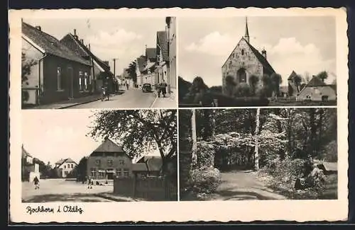 AK Bockhorn i. Oldbg., Kirche, Waldweg, Strassenpartie