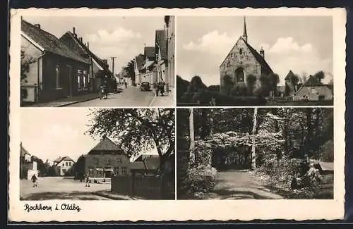 AK Bockhorn i. Oldbg., Die Kirche, Waldweg, Strassenpartie, Ortspartien