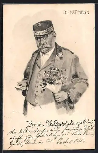 Künstler-AK Dienstmann mit Blumenstrauss