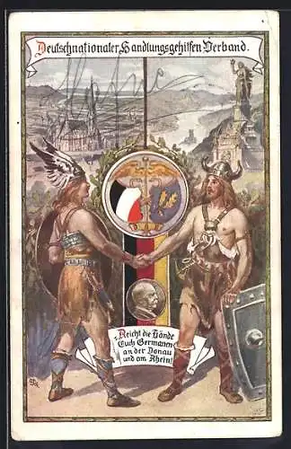 Künstler-AK Germanen an Donau u. Rhein reichen sich die Hand, Deutschnationaler Handlungsgehilfen-Verband, Wappen