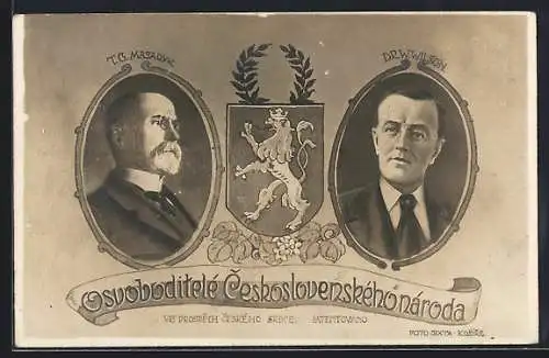 AK Präsident der USA Woodrow Wilson und Präsident Masaryk (TGM) mit Wappen