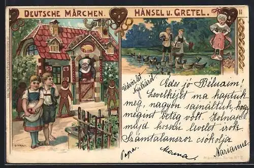 Künstler-AK Hänsel und Gretel vor dem Lebkuchenhaus