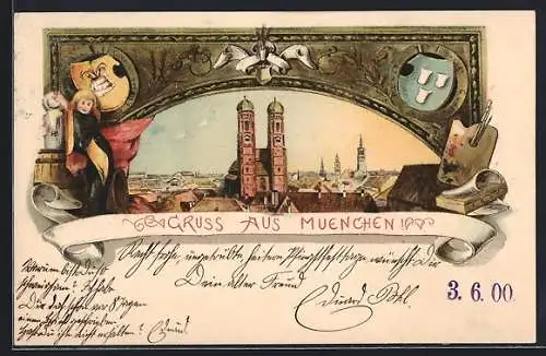 Lithographie München, Frauenkirche und Münchner Kindl mit Bierkrug