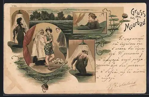 Lithographie Älterer Herr und zwei Damen im Moorbad, Dame bekommt ein Handtuch gereicht