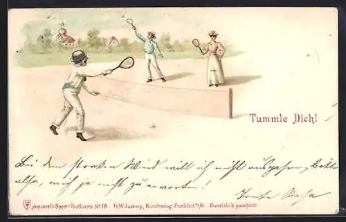 Lithographie Zwei Herren und eine Dame beim Tennis-Spielen