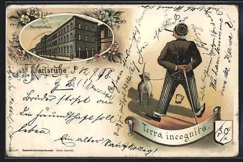Lithographie Karlsruhe, Das Polytechnikum, Student mit einem Hund, Terra incoginta