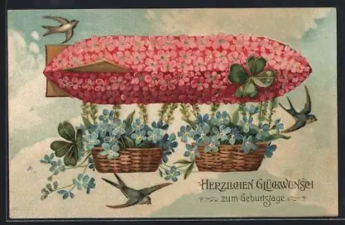 AK Zeppelin aus rosa-farbenen und blauen Blumen, Blumenbild