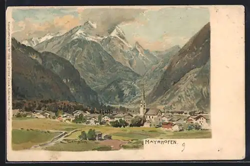 Künstler-AK Edward Theodore Compton: Mayrhofen, Panoramablick auf die Ortschaft mit Gebirge im Hintergrund