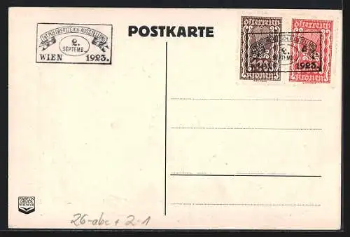 Künstler-AK sign. L. Hesshaimer: Wien, Intern. Postwertzeichen Ausstellung 1923, Postbote auf einem Pferd