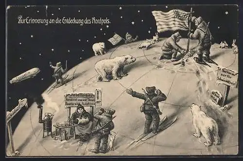 AK Expedition zum Nordpol, amerikanische Flagge am Pol, Zeppelin