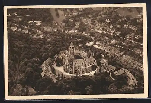 AK Wernigerode, Fliegeraufnahme des Ortes mit Schloss, Ganzsache WHW Winterhilfswerk 1934 /35