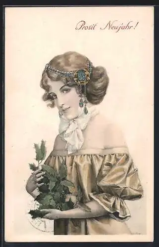 AK Frau hält Stechpalme in der Hand, Jugendstil-Illustration