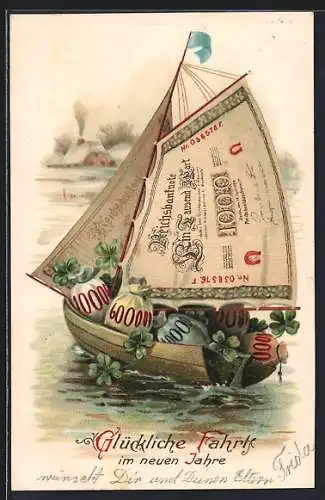 AK Segelboot mit Reichsbanknoten als Segel und mit Geldsäcken beladen, Neujahrsgruss