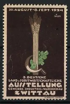 Reklamemarke Zwittau, 3. Deutsche Land- u. Forstwirtschaftliche Ausstellung 1924, Ähre und Sichel