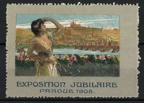 Reklamemarke Prag, Exposition Jubilaire, Frau mit Stadtansicht, 1908