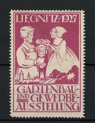 Reklamemarke Liegnitz, Gartenbau- und Gewerbeausstellung 1927, Figuren mit Blumenarrangement