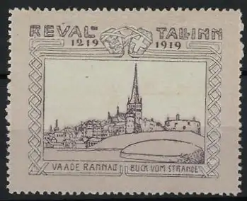 Reklamemarke Reval-Tallinn, 1219 - 1919, Blick vom Strande, Stadtansicht