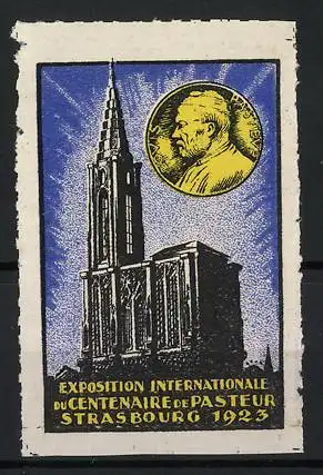 Reklamemarke Strasbourg, Exposition Internationale du Centenaire de Pasteur 1923, Kathedrale und Medaille