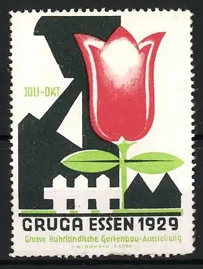 Reklamemarke Essen, Gruga 1929, Rote Tulpe und Stadtsilhouette