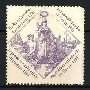 Reklamemarke Berlin, Berliner Gewerbe-Ausstellung 1896, Allegorie mit Anker und Industrieanlagen