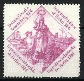 Reklamemarke Berlin, Berliner Gewerbe-Ausstellung 1896, Allegorische Figur und Fabrikszene