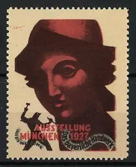 Reklamemarke München, Ausstellung 1927, Gesicht und Handwerker-Symbol