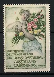 Reklamemarke Dresden, Jubiläums-Gartenbau-Ausstellung 1926, Frau mit Blumenstrauss