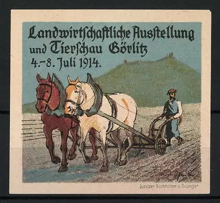 Reklamemarke Görlitz, Landwirtschaftliche Ausstellung und Tierschau 1914, Pferdepflug