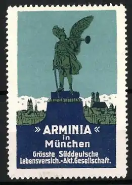 Reklamemarke München, Arminia Lebensversicherung, Statue & Stadt-Panorama